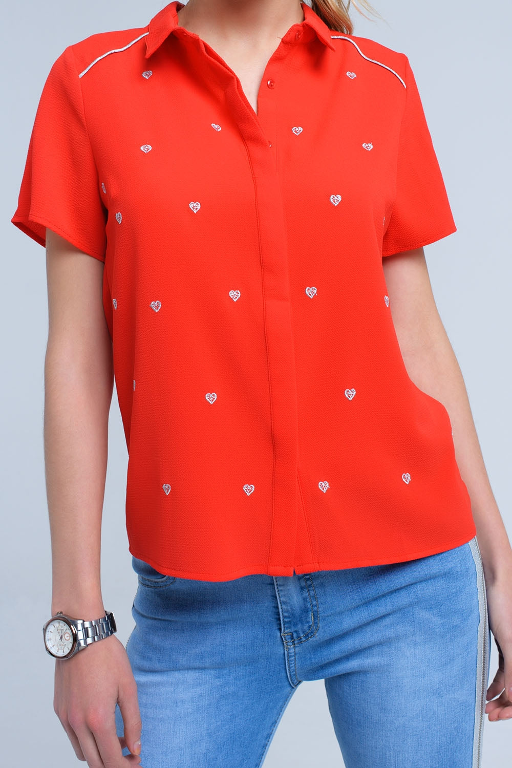 Red shirt with heart embroideryShort Sleeve Tops