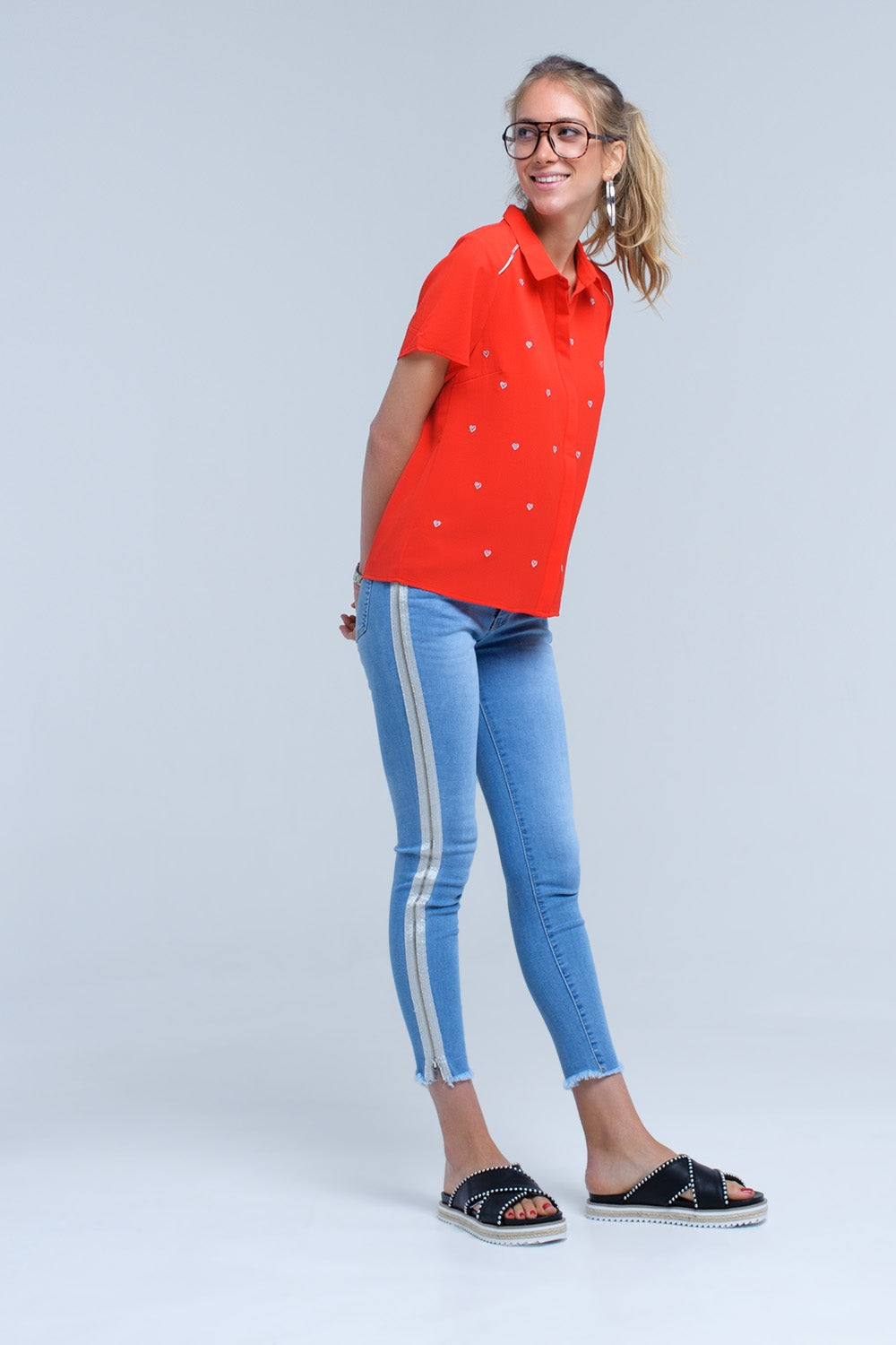 Red shirt with heart embroideryShort Sleeve Tops