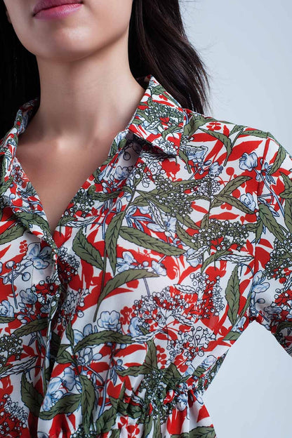 Red shirt with leaf and flower printBlouses