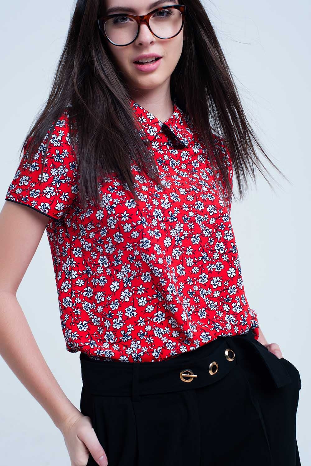 Q2 Red Shirt with white flowers print