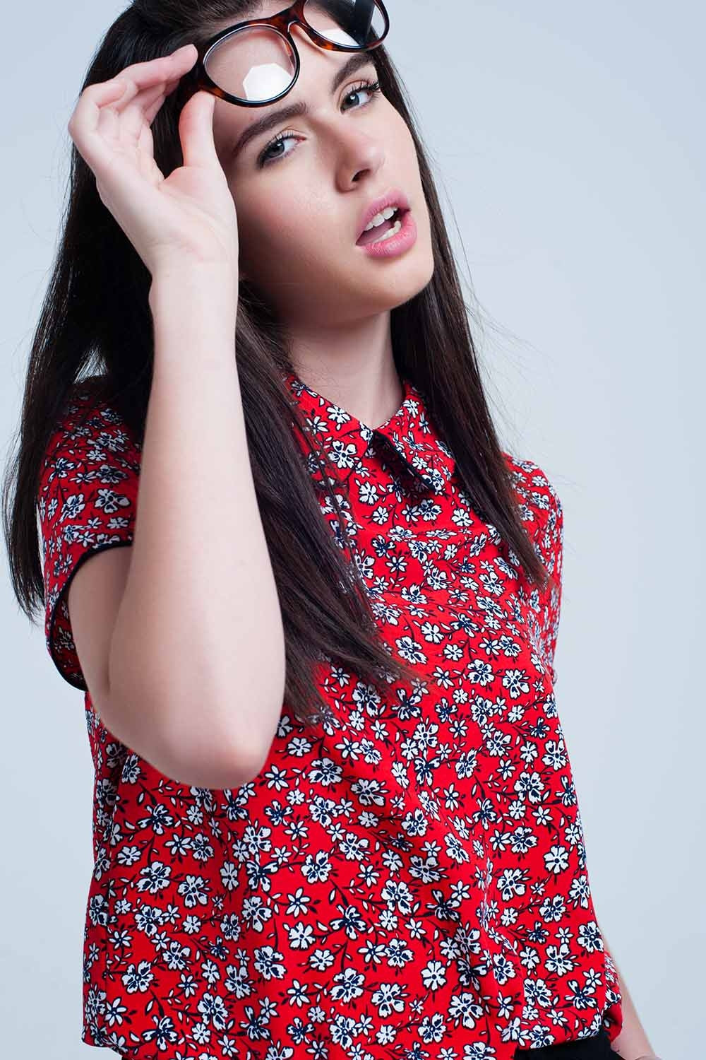 Red Shirt with white flowers printShort Sleeve Tops