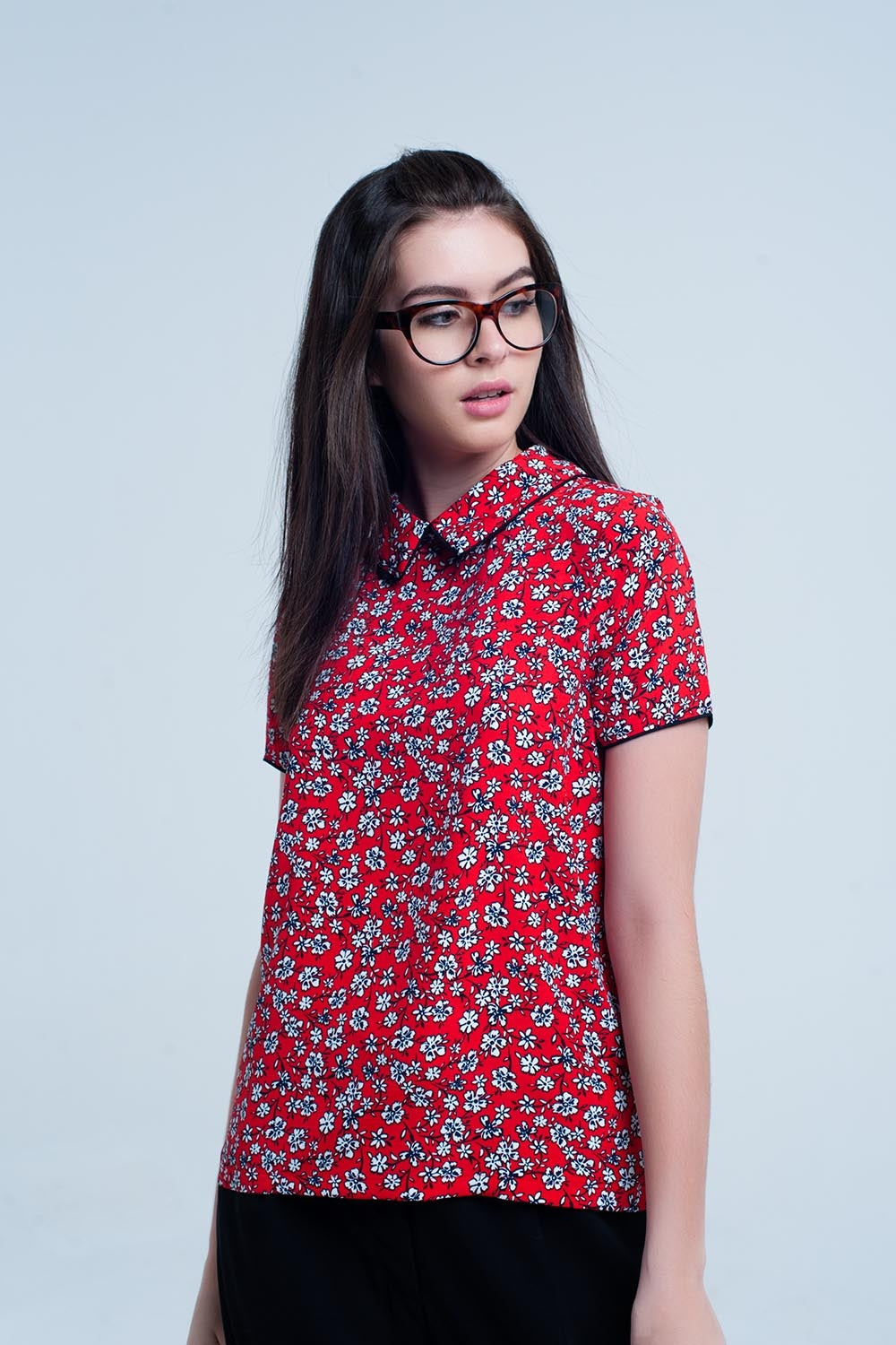 Red Shirt with white flowers printShort Sleeve Tops