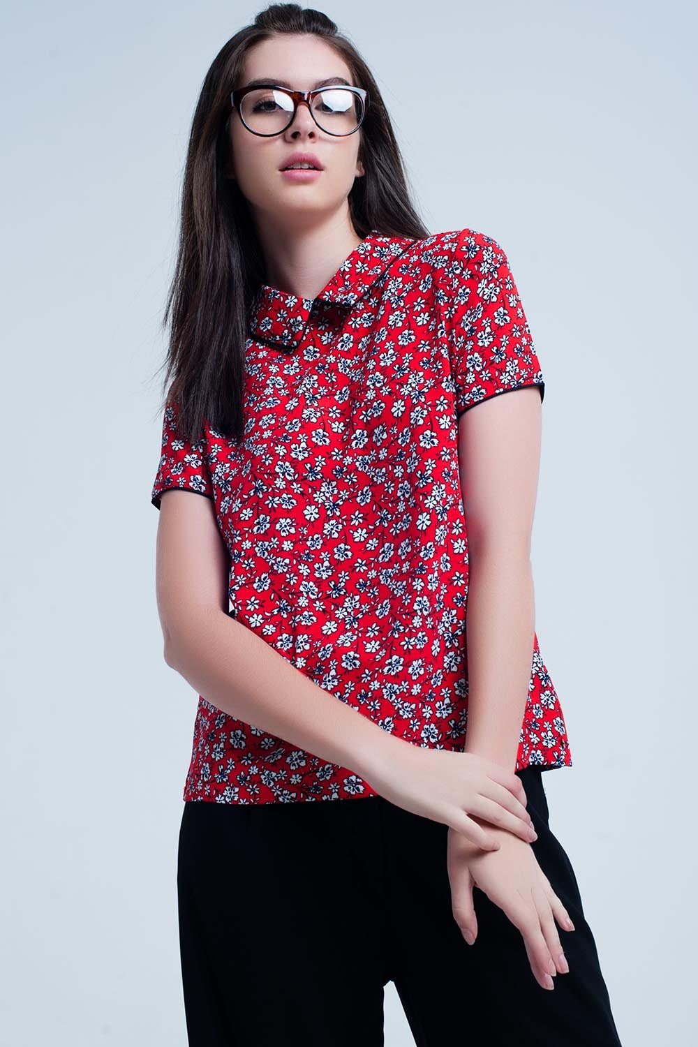 Red Shirt with white flowers printShort Sleeve Tops