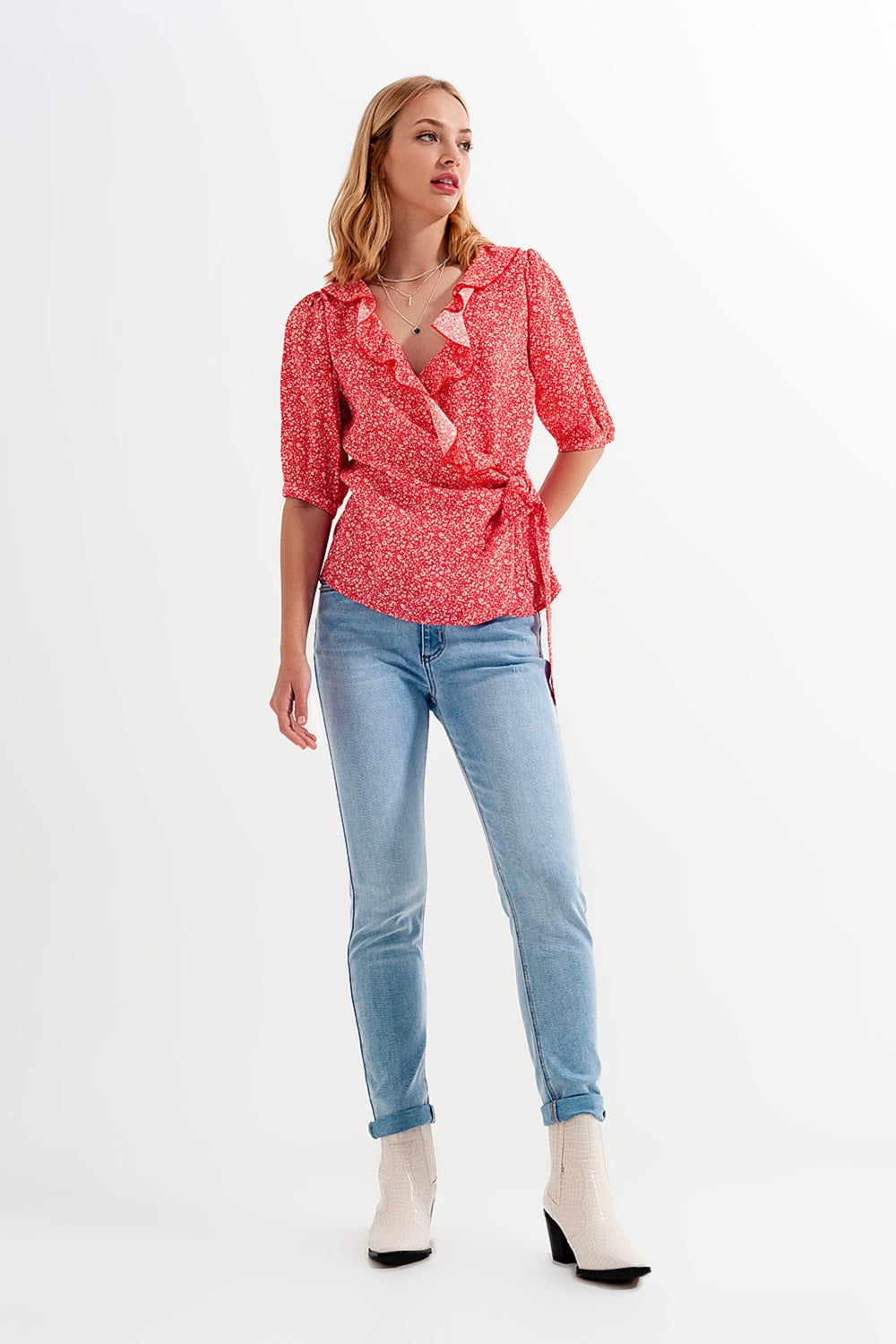 Red wrap top in clustered flower printShort Sleeve Tops