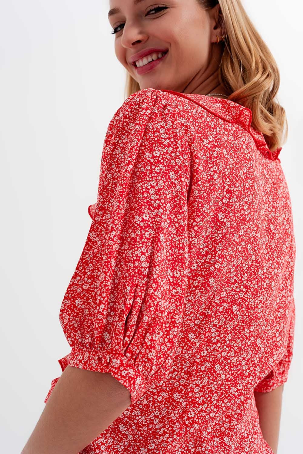 Red wrap top in clustered flower printShort Sleeve Tops