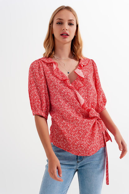 Red wrap top in clustered flower printShort Sleeve Tops