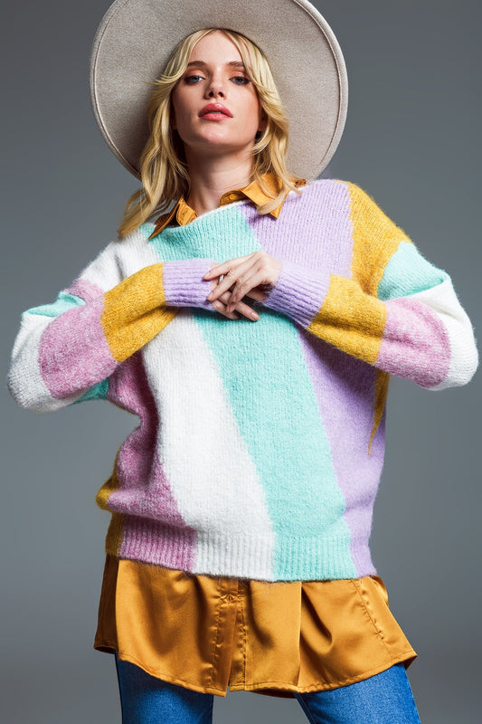 Q2 Relaxed Multicolor Diagonal Stripe Sweater With Boat Neck in Pastel Colors