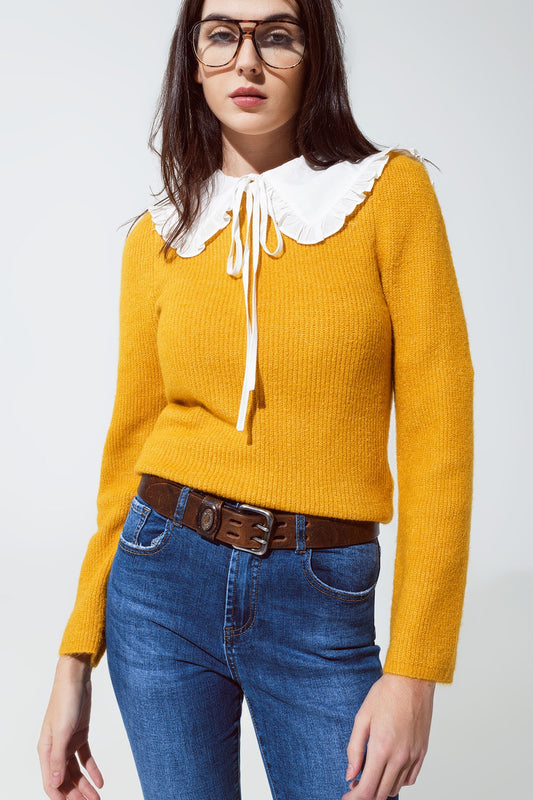 Q2 Round neck chunky ribbed jumper in mustard