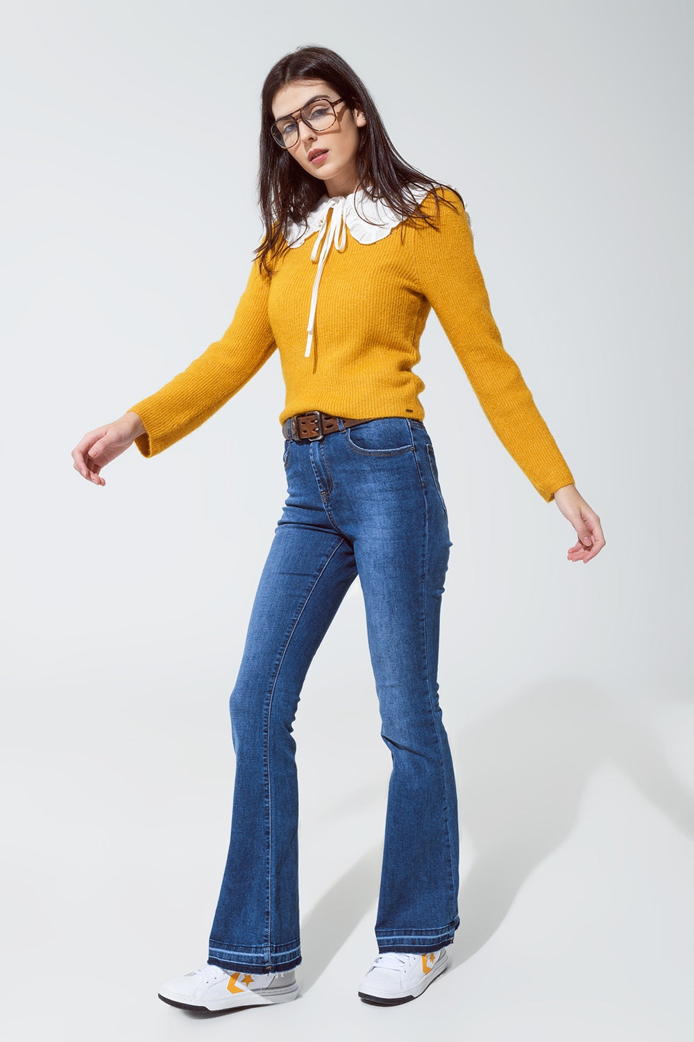 Round neck chunky ribbed jumper in mustard