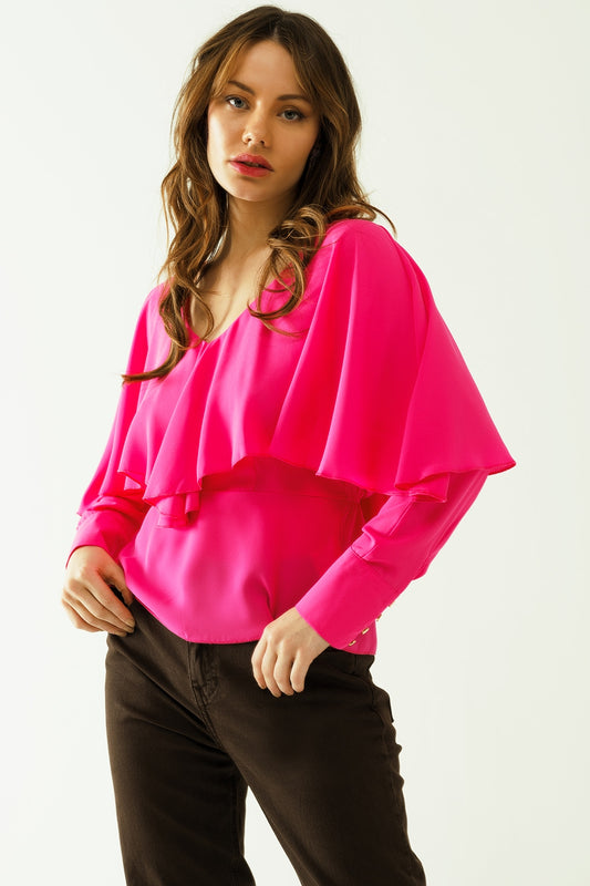 Q2 Ruffled V-neck top with buttoned cuffs and tie in the back detal in fuchsia