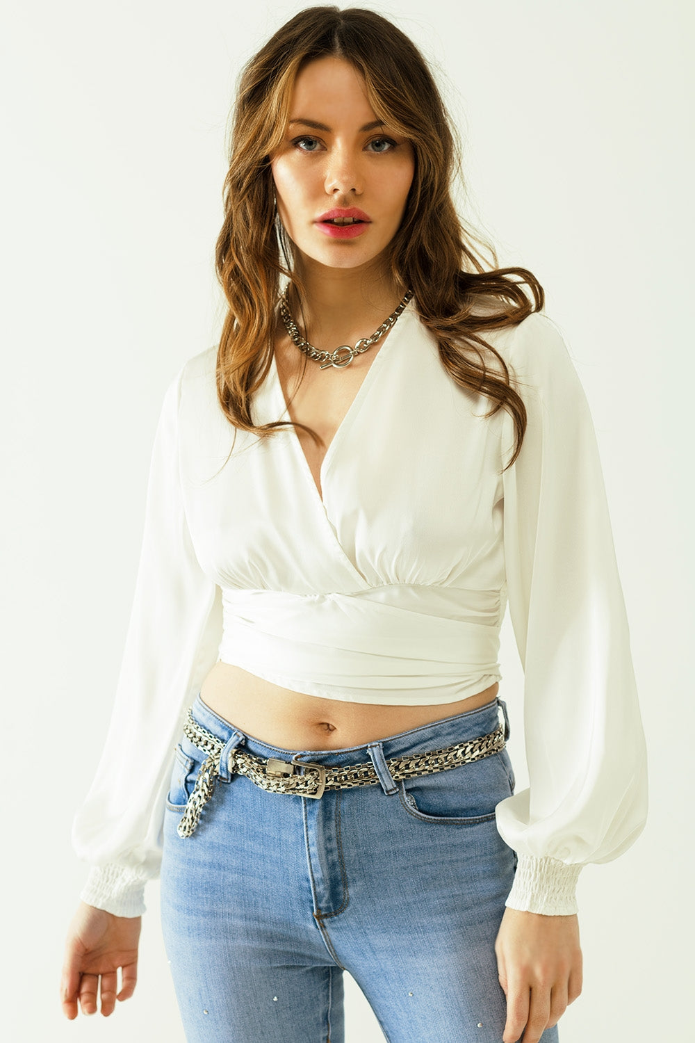 satin wrap crop top fitted at the waist in white