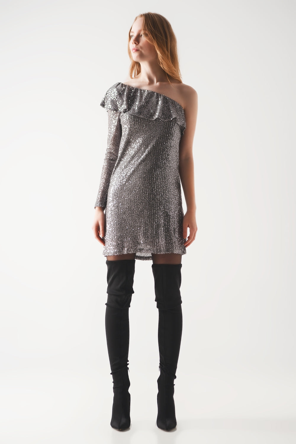 Sequin long sleeve mini dress in silver