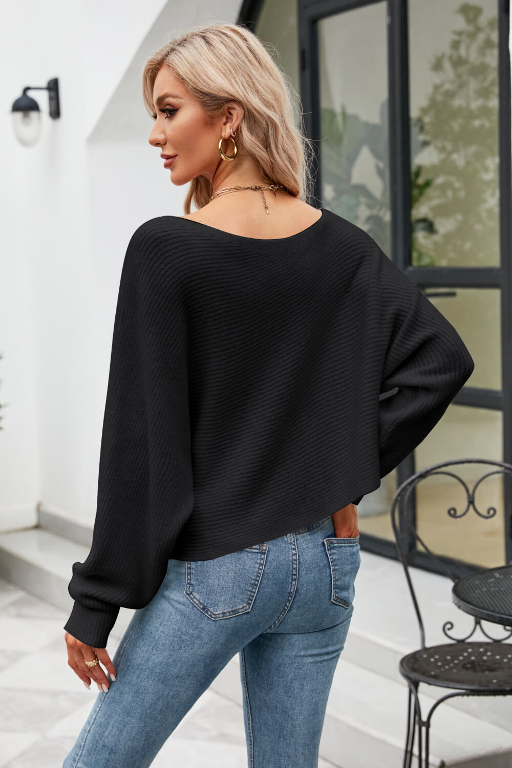 Boat Neck Horizontal Ribbing Dolman Sleeve Sweater Posh Styles Apparel