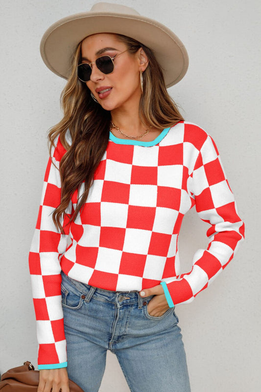 Checkered Round Neck Sweater Posh Styles Apparel