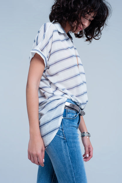 White short sleeve drape wrap blouse with blue striped designShirts