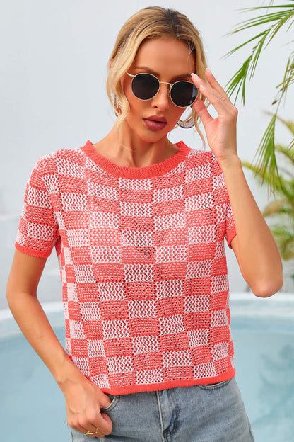 Checkered Short Sleeve Knit Top Posh Styles Apparel