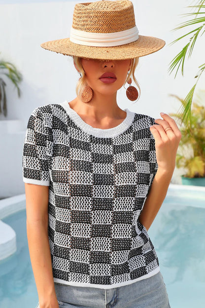 Checkered Short Sleeve Knit Top Posh Styles Apparel