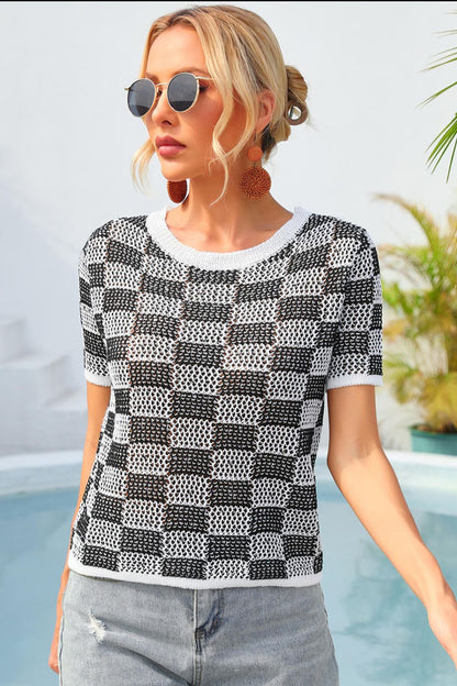 Checkered Short Sleeve Knit Top Posh Styles Apparel