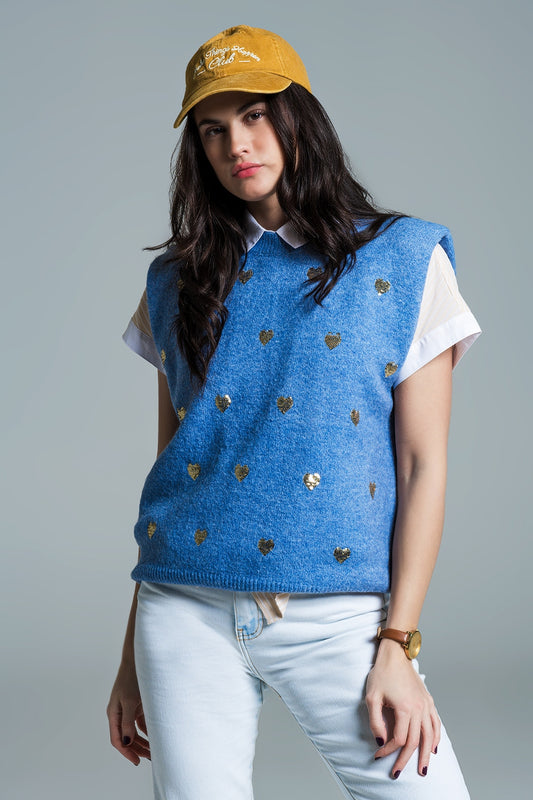 Q2 Sleeveless sweater in blue with silver sequin hearts