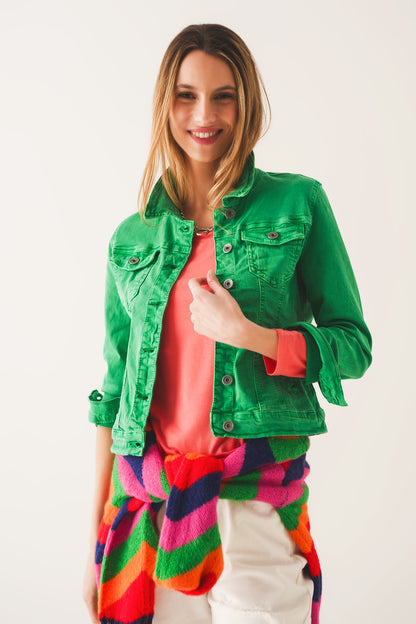 Slim denim trucker jacket in bright green