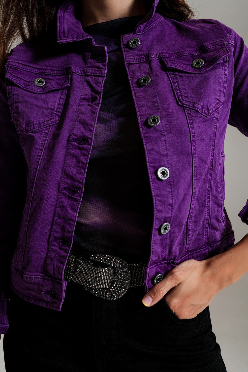 Q2-Slim denim trucker jacket in purple-Jackets