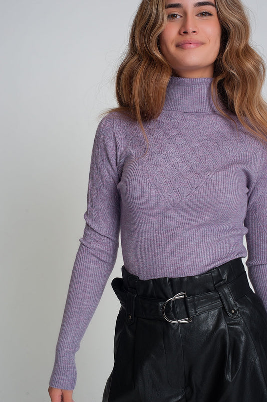 Q2 Soft knitted turtleneck fitted sweater in purple