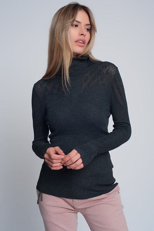 Q2 Soft ribbed sweater with turtleneck in gray