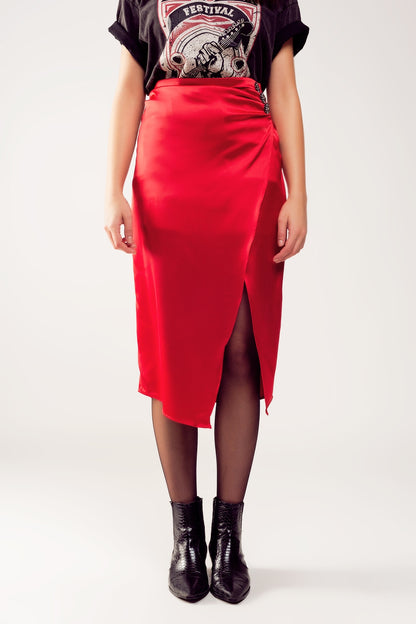 Split front midi skirt in red