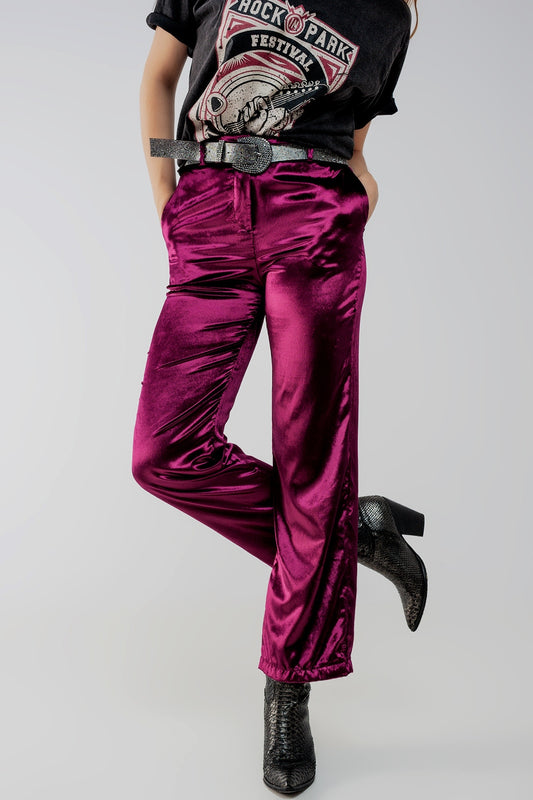 Q2 Straight leg velvet pants in purple