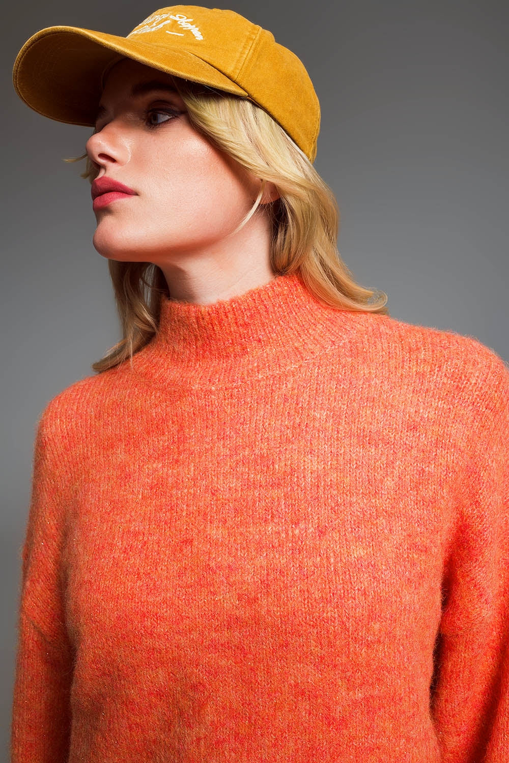 Sweater With Chimney Style Collard In Metallic Thread Orange