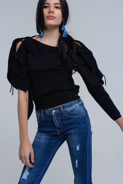 Sweater with tied ruffle sleeves in blackSweaters