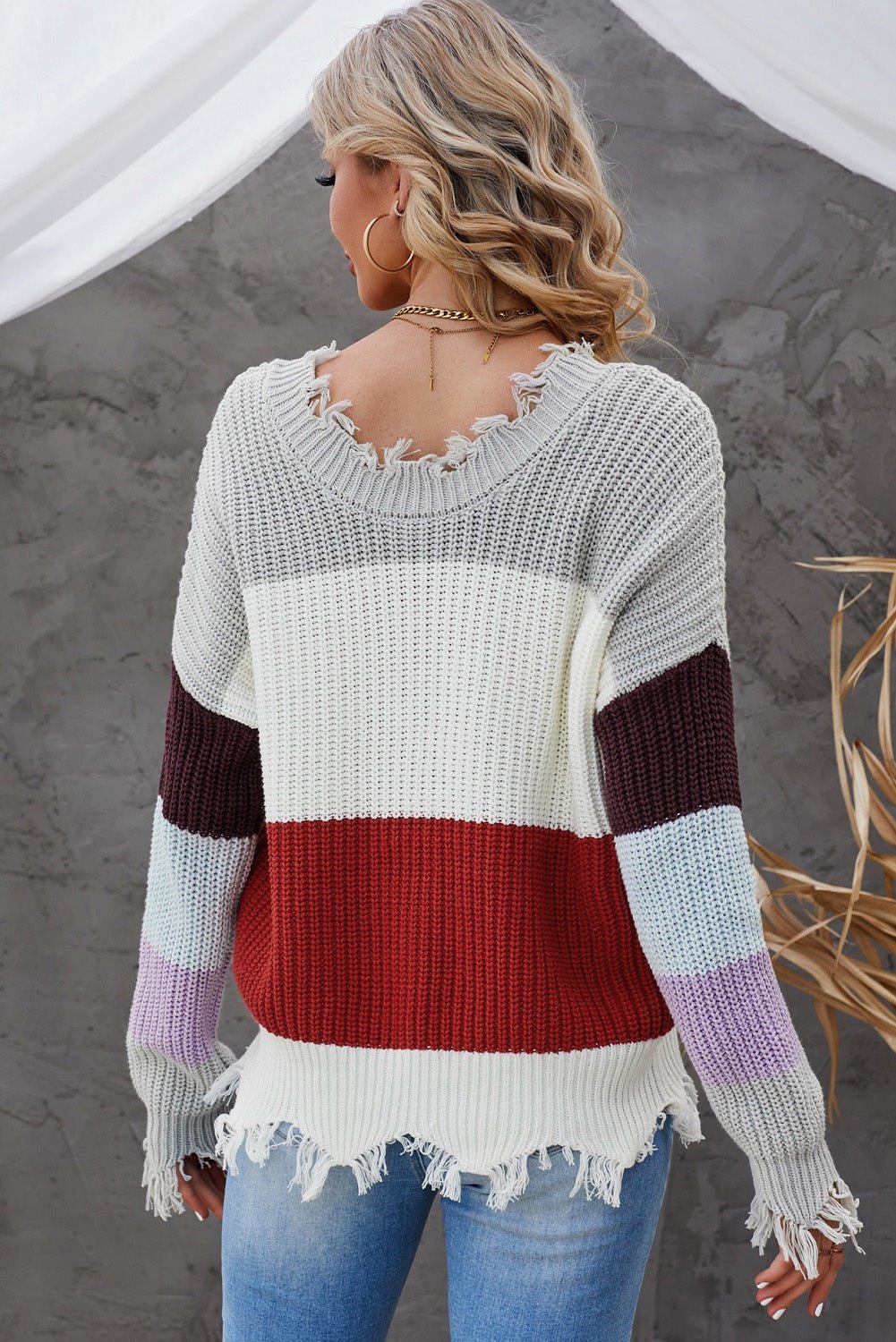 Color Block Distressed V-Neck Ribbed Sweater Posh Styles Apparel