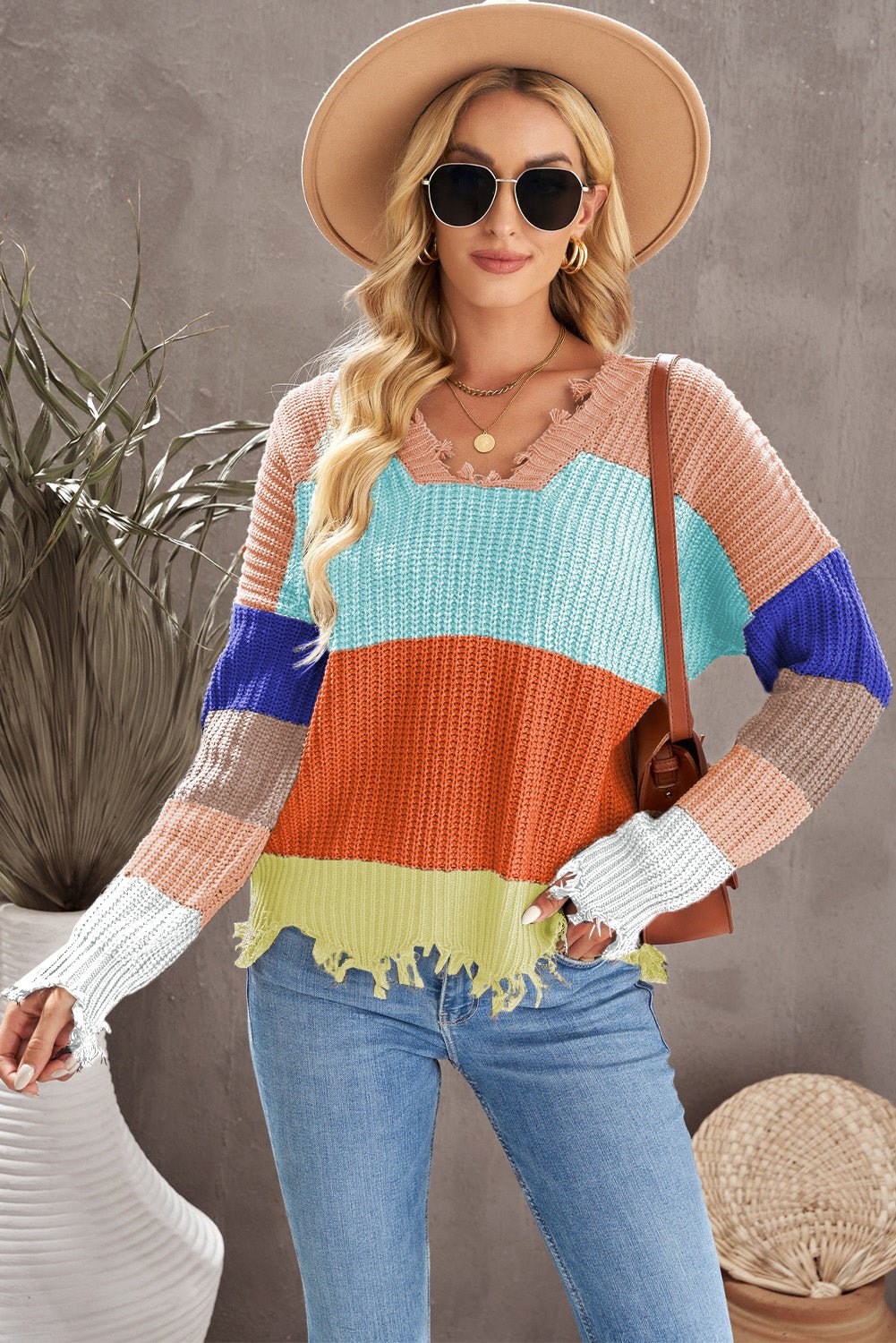 Color Block Distressed V-Neck Ribbed Sweater Posh Styles Apparel