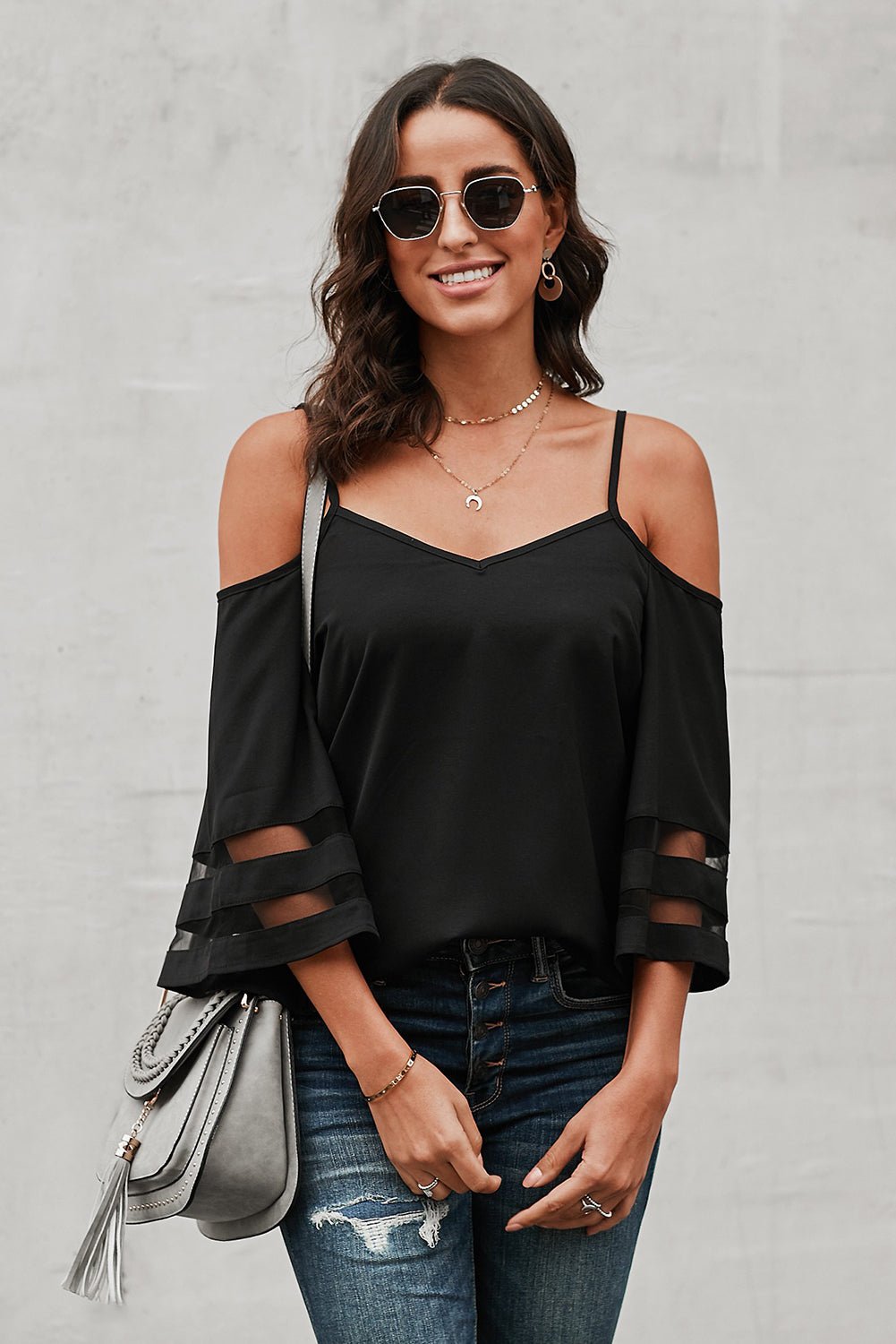 Cold-Shoulder Three-Quarter Flare Sleeve Blouse Posh Styles Apparel