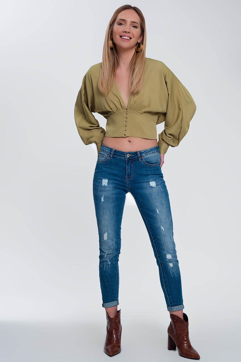 Top with puff sleeves in greenShort Sleeve Tops