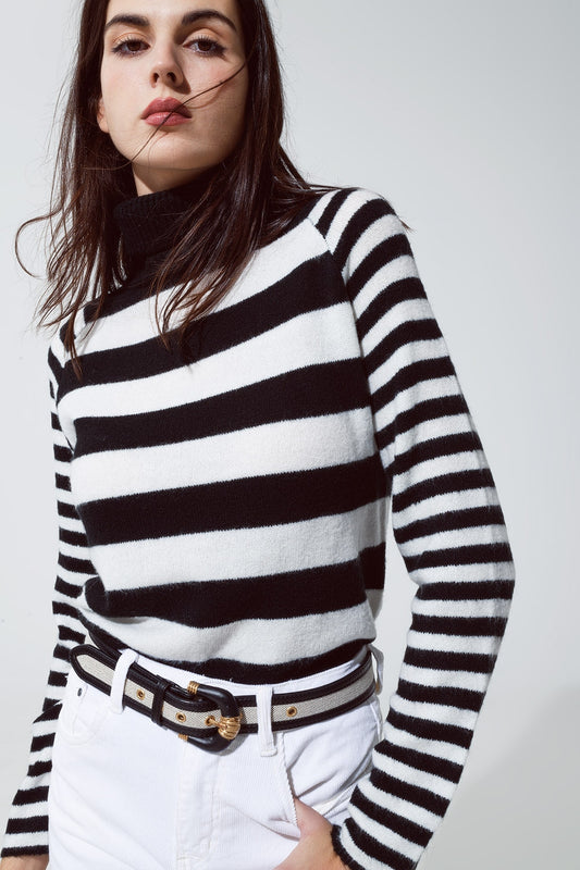 Q2 Turtleneck sweater with stripes in white and black