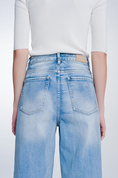 wide leg cropped raw hem jeans in light blueJeans