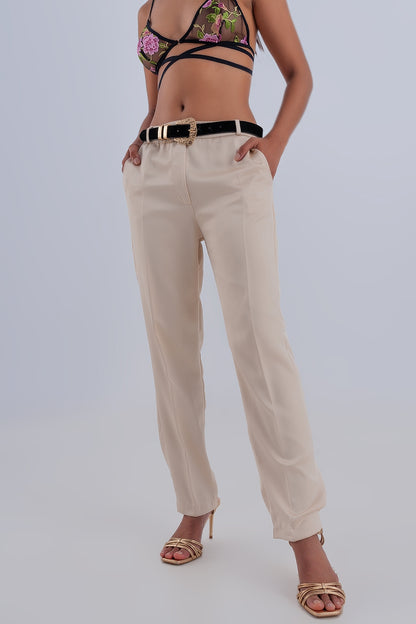 Q2 Wide leg satin pants in beige