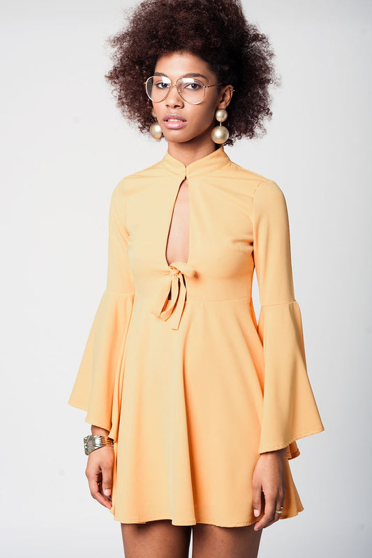 Q2 Yellow bell sleeve plunge dress