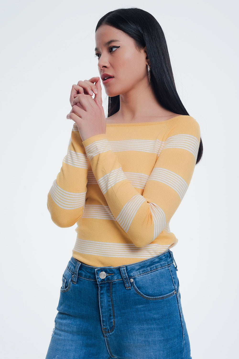 Q2 yellow striped sweater with boat neck