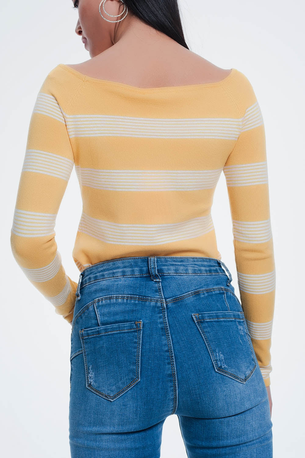 yellow striped sweater with boat neckSweaters