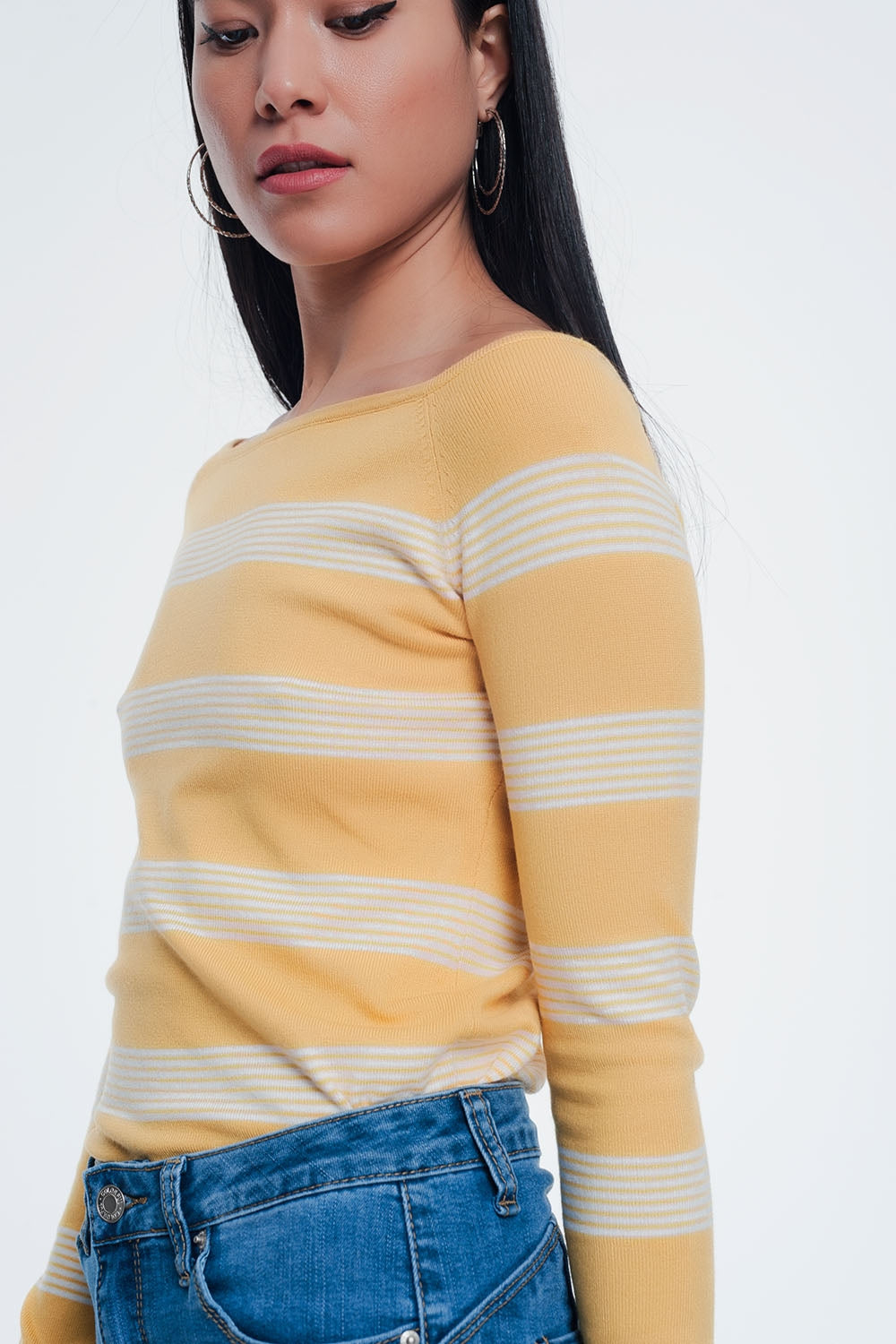yellow striped sweater with boat neckSweaters